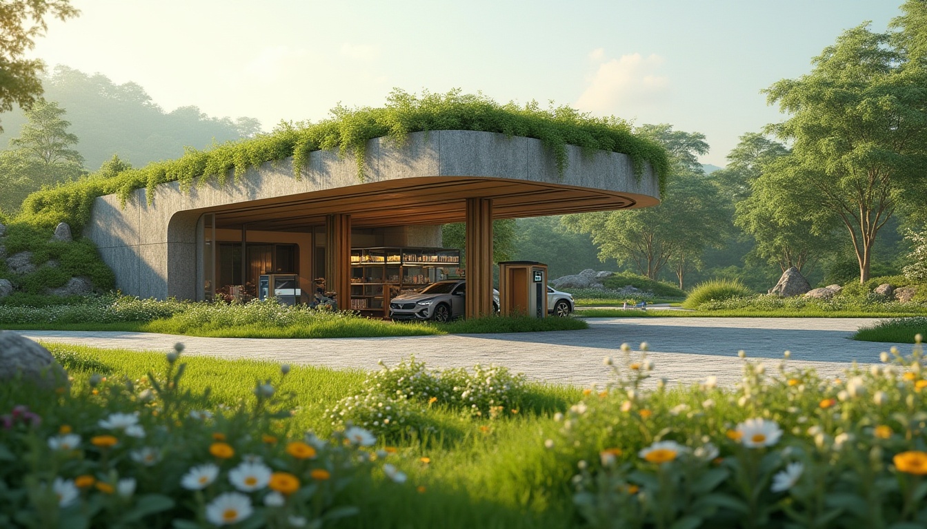 Prompt: Integrating grassland into gas station design, modern futuristic architecture, green roof, solar panels, eco-friendly, sustainable energy, refueling area surrounded by lush greenery, wildflowers blooming in vibrant colors, natural stone walls blending with surroundings, wooden accents, steel beams, curved lines, minimalist design, panoramic view, morning dew, soft warm lighting, shallow depth of field, subtle color palette, realistic textures.