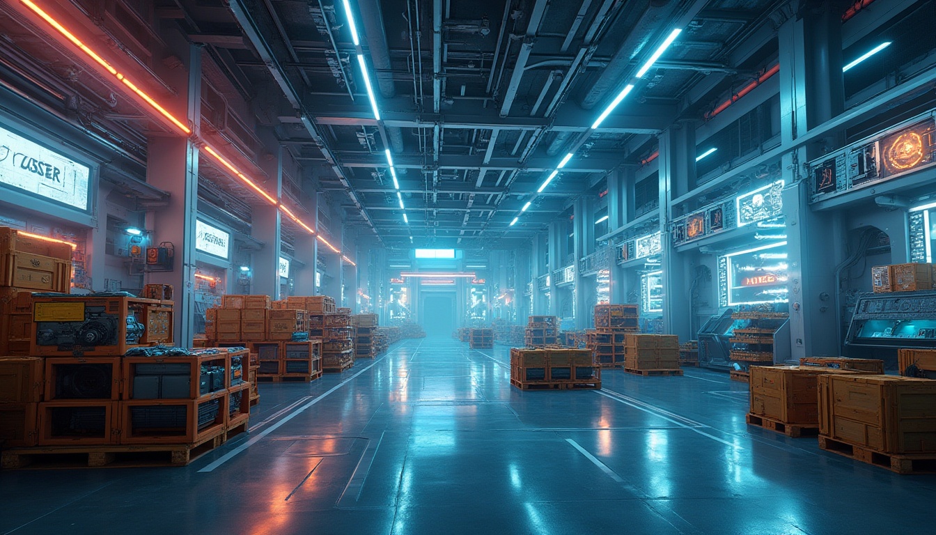 Prompt: Futuristic distribution center, high-tech style, modern industrial architecture, neon lights, metallic materials, sleek lines, automated robots, conveyor belts, crates, pallets, futuristic shelves, holographic displays, LED screens, 3D printing machines, robotic arms, wires, circuit boards, motherboards, computer terminals, control rooms, observation decks, panoramic views, low-angle shot, cinematic lighting, detailed reflections, chrome textures, metallic sheen.