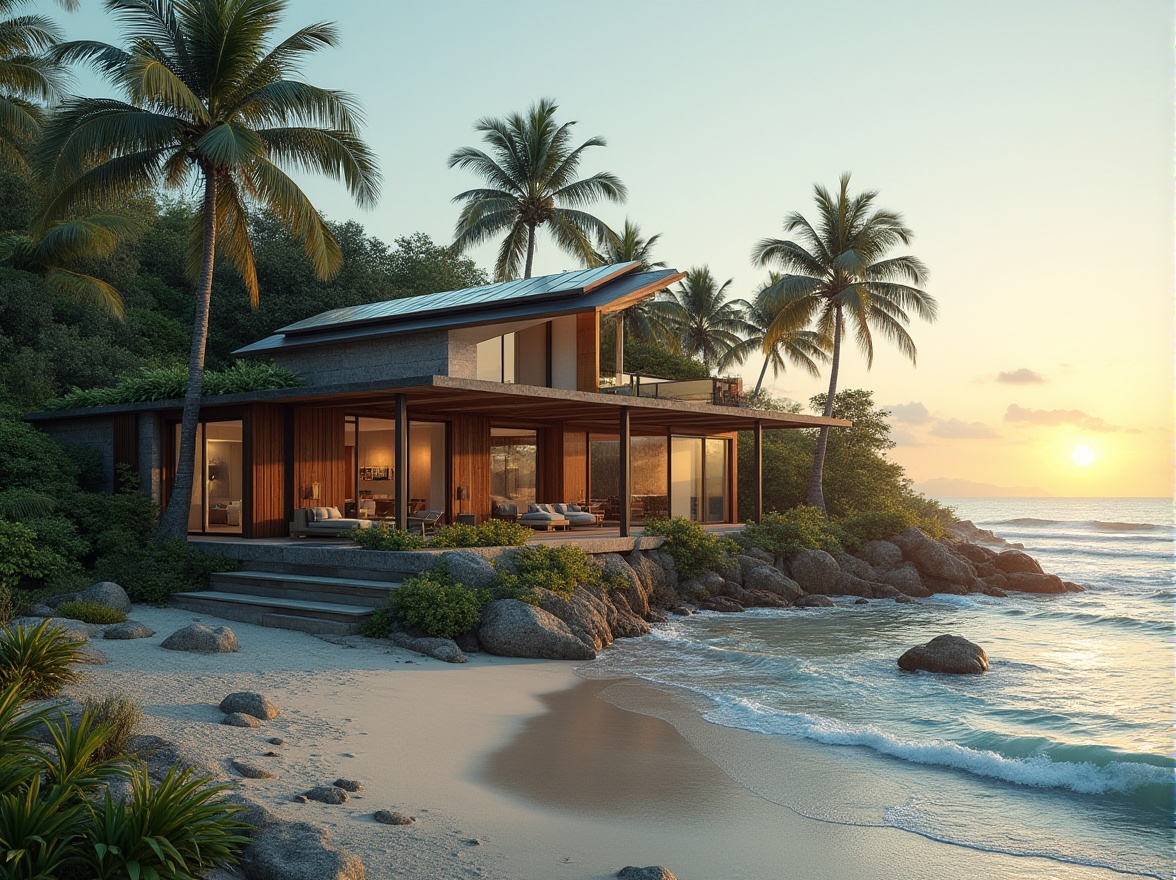 Prompt: Coastal villa, modern minimalist, eco-friendly, solar panels, green roof, recycled materials, wooden accents, large windows, natural ventilation, sea view, ocean breeze, palm trees, sandy beach, clear blue waters, sunrise, soft warm lighting, cinematic composition, 3/4 angle shot, ambient sounds of waves.