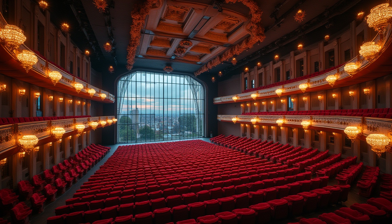 Prompt: Grand, majestic auditorium, fusion architecture, modern curved lines, sleek glass façade, steel framework, intricate stone carvings, ornate golden details, lavish chandeliers, plush red velvet seats, spacious high ceiling, dramatic spotlights, panoramic city view, evening scenery, soft warm lighting, cinematic composition, 3/4 shot, shallow depth of field.