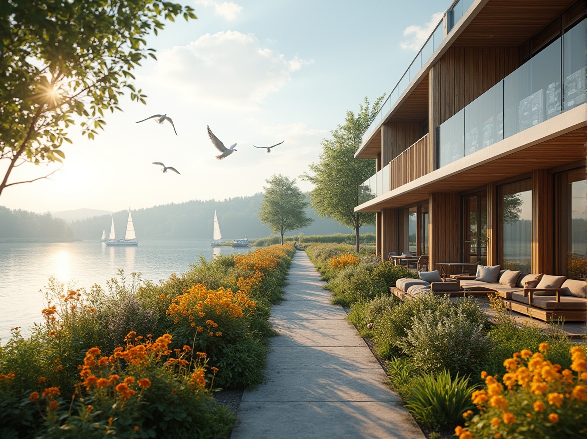 Prompt: Lakefront living, modern social housing, communal garden, vibrant flowers, wooden benches, walking path, tranquil lake, sailboats, seagulls flying overhead, morning mist, warm sunlight, glass façade, minimalist interior design, open-plan kitchen, cozy reading nook, comfortable sofas, large windows, breathtaking views, 3/4 composition, soft focus, warm lighting, natural texture.