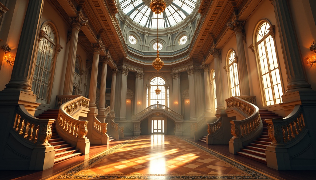 Prompt: Classical school building, bronze accents, ornate decorations, grand entrance, stone columns, arched windows, dome-shaped roof, intricate carvings, luxurious chandeliers, polished wooden floors, high ceilings, spacious corridors, majestic staircases, subtle warm lighting, afternoon sunbeams, soft shadows, detailed textures, realistic reflections, cinematic composition, 3/4 view, low-angle shot.