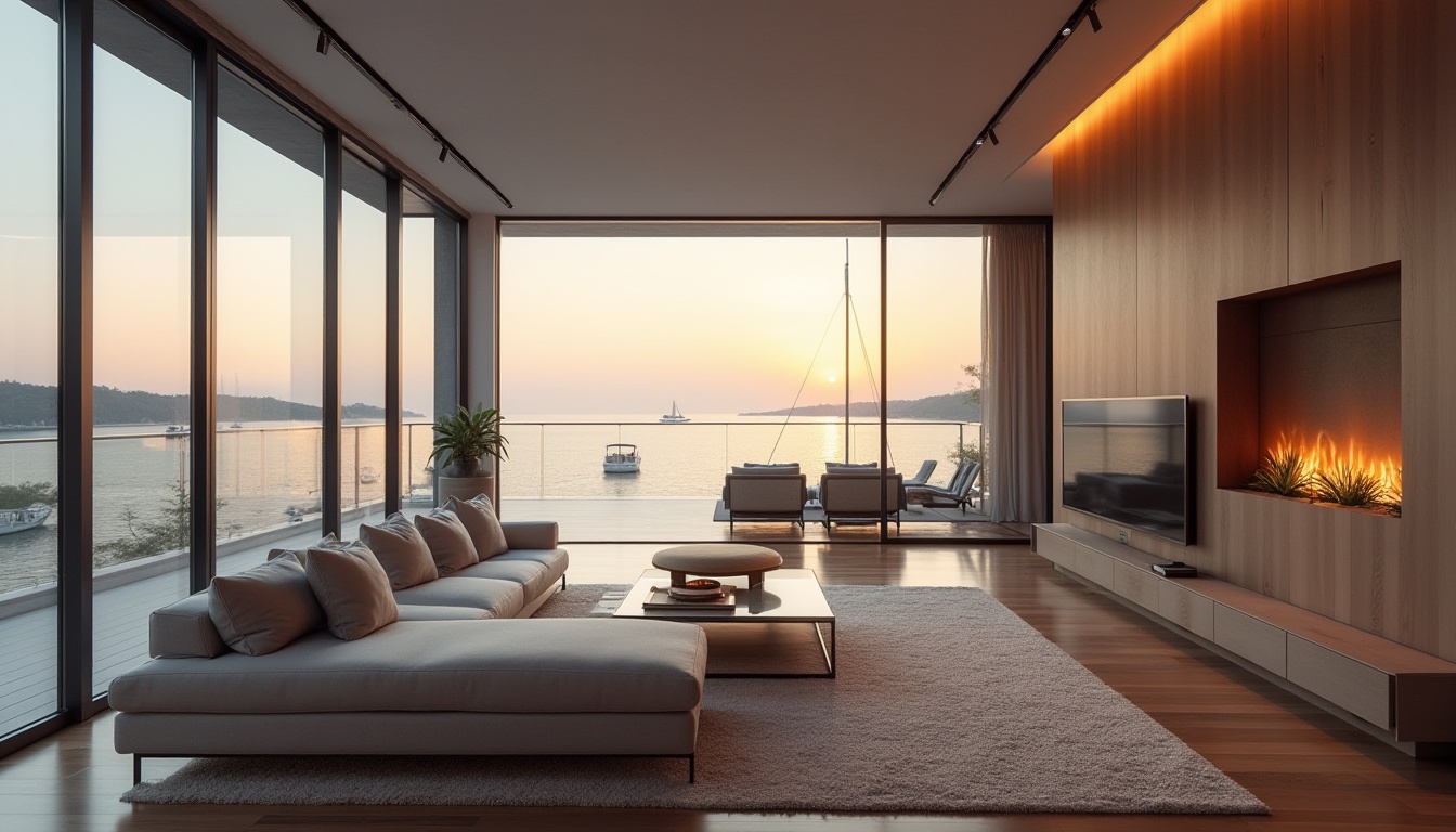 Prompt: Lakefront penthouse, modern streamline style, luxurious interior, spacious open-plan living room, floor-to-ceiling windows, panoramic lake view, sleek minimalist furniture, low-profile sectional sofa, glass coffee table, ambient lighting, high-gloss wooden floors, neutral color palette, minimalist decor, large balcony, outdoor seating area, scenic lake views, sailboats, yachts, sunset, warm golden lighting, 3/4 composition, shallow depth of field.