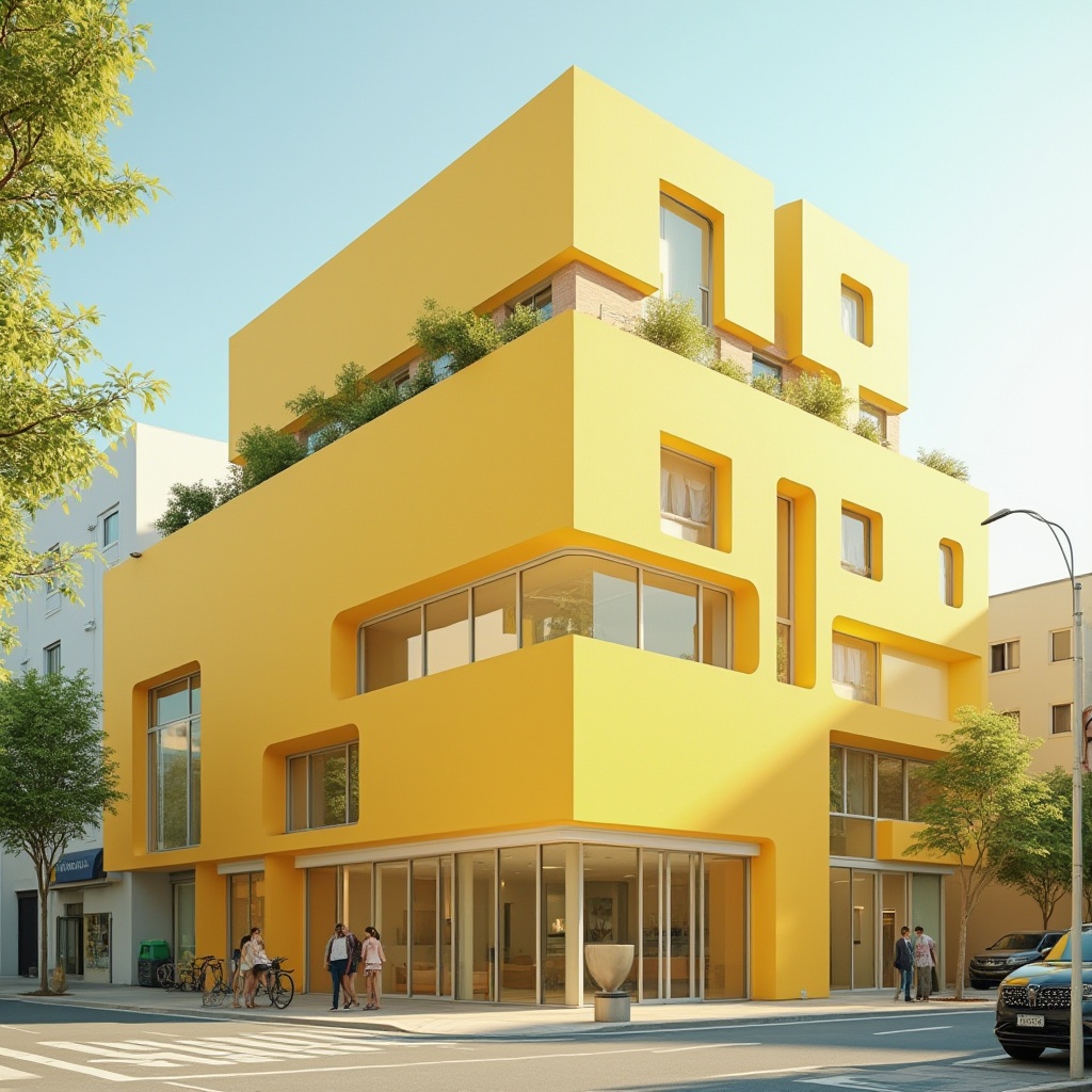 Prompt: Light yellow building, modern architecture, minimalist style, clean lines, rectangular shape, large glass windows, sliding doors, sleek metal frames, bright warm lighting, soft shadows, urban setting, cityscape, greenery rooftop, simple landscape, few pedestrians, morning sunlight, low-angle shot, 3/4 composition, shallow depth of field, vibrant color palette.