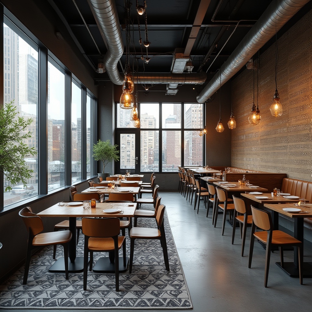 Prompt: industrial chic restaurant, perforated metal wall decor, modern minimalist tables, sleek chairs, urban loft ambiance, exposed ductwork, polished concrete floor, suspended LED lighting, metallic accents, geometric patterned rug, cityscape view, afternoon natural light, 3/4 composition, shallow depth of field.