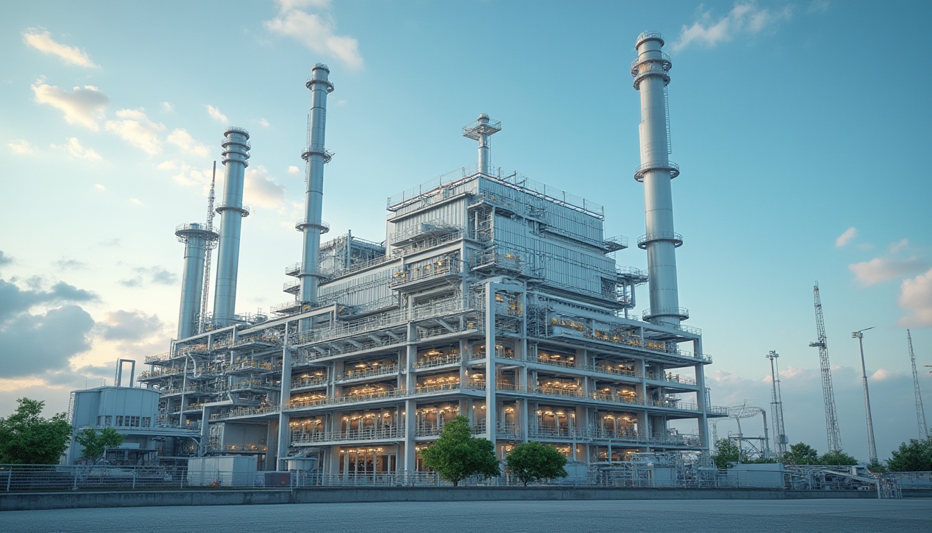 Prompt: Energy plant, structuralism style, industrial architecture, steel beams, glass panels, modern design, minimal decor, clean lines, sleek shape, sustainable energy, solar panels, wind turbines, green technology, urban landscape, cityscape, blue sky, white clouds, warm sunlight, low-angle shot, 3/4 composition, soft focus, ambient lighting.