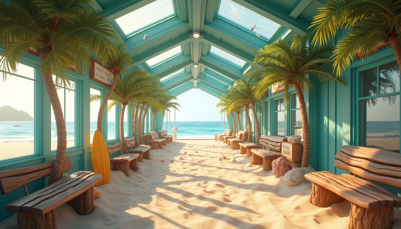 Prompt: Seaside tram station, integrating beach elements, tropical vibe, palm trees, driftwood benches, sandy floor, seashell decorations, ocean-blue pillars, wavy roof design, sunlight pouring in through skylights, warm and cozy atmosphere, beach balls scattered around, surfboard-inspired signage, salty air, seagulls flying overhead, distant sound of waves crashing, morning light, soft focus, shallow depth of field.