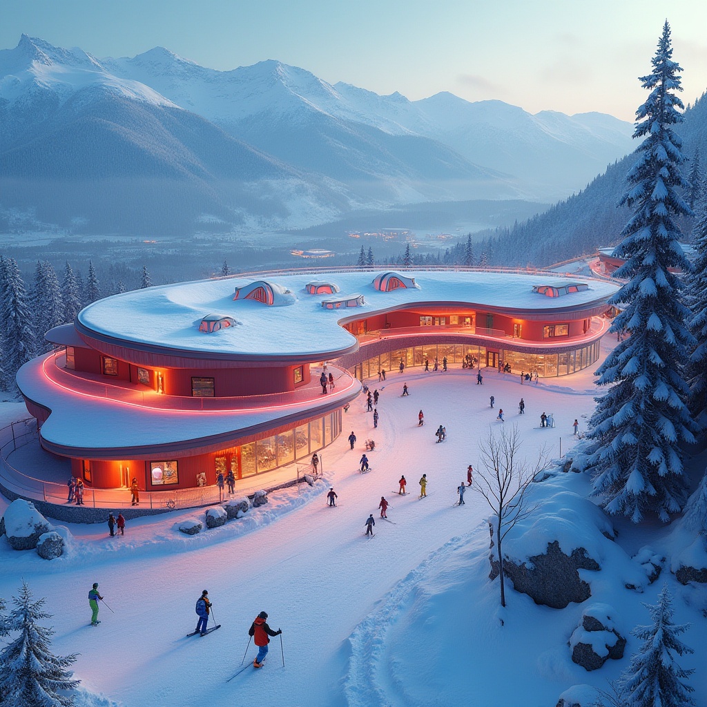 Prompt: Vibrant ski center, Expressionism style, dynamic curved lines, bold geometric shapes, futuristic materials, neon lights, glowing accents, snow-capped mountains, frosty trees, icy slopes, skiers in action, colorful sportswear, goggles, helmets, snowboards, ski lifts, modernist architecture, cantilevered roofs, irregular shapes, abstract patterns, bold colors, contrast lighting, high-angle shot, cinematic composition, misty atmosphere.