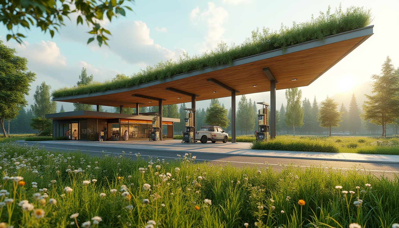 Prompt: Gas station, modern architecture, green roof, grassland integration, natural harmony, rustic wooden accents, steel beams, sleek lines, minimalist design, abundant natural light, skylights, clerestory windows, wildflowers blooming, lush greenery, serene atmosphere, warm sunny day, soft shadows, gentle breeze, 3/4 composition, cinematic lighting, vibrant colors, detailed textures, realistic rendering.