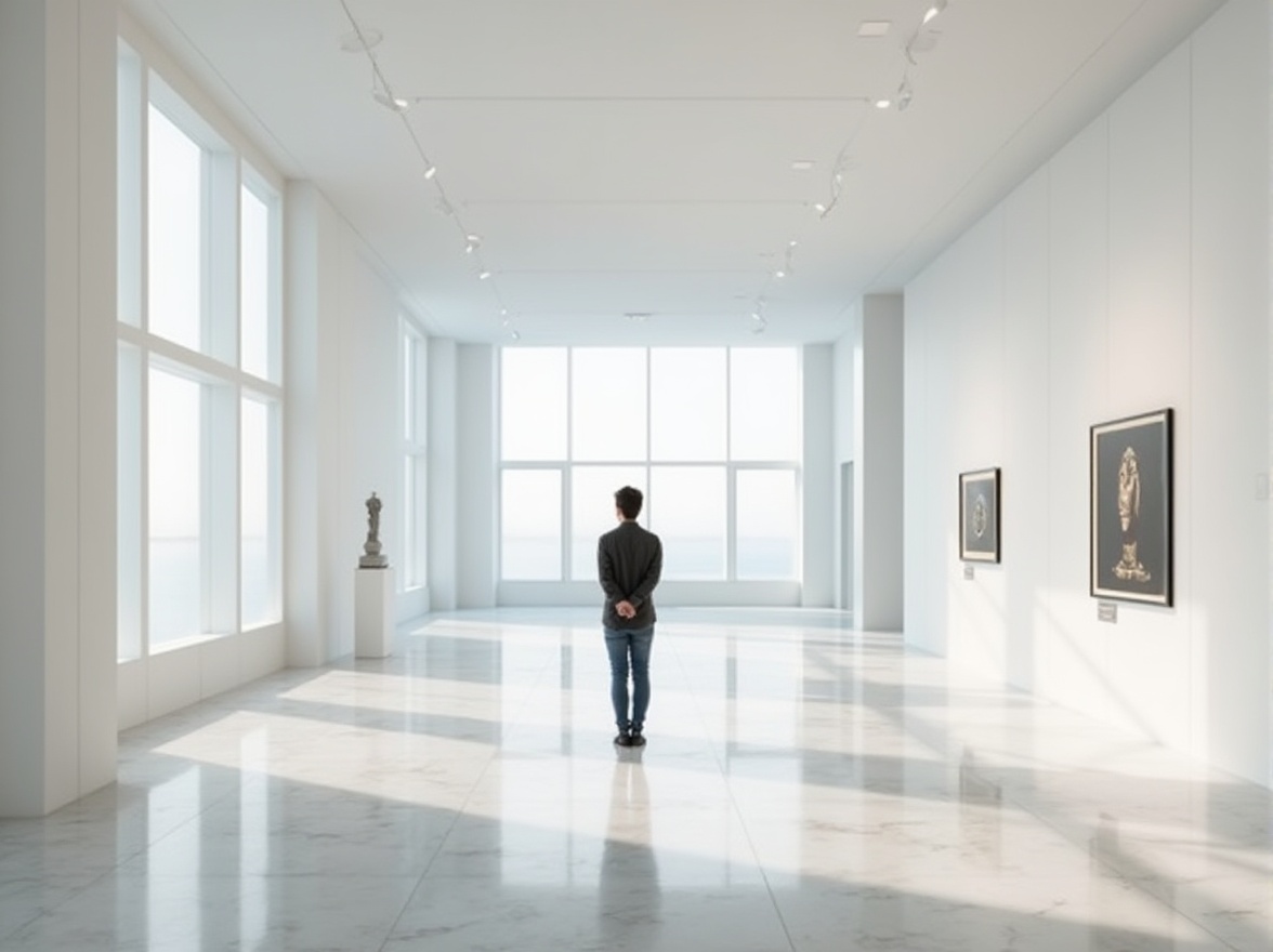 Prompt: Museum minimalism style, empty white space, modern architecture, natural light pouring in from large windows, marble floors, sleek lines, simple shapes, few exhibits, elegant font labels, subtle LED lighting, sparse decoration, calm atmosphere, afternoon softbox lighting, 3/4 composition, shallow depth of field, blurred background, emphasis on subject, solitary figure, contemplative posture, hands behind back, gazing at artwork, modern sculpture, abstract painting, simple frame, monochromatic color scheme.