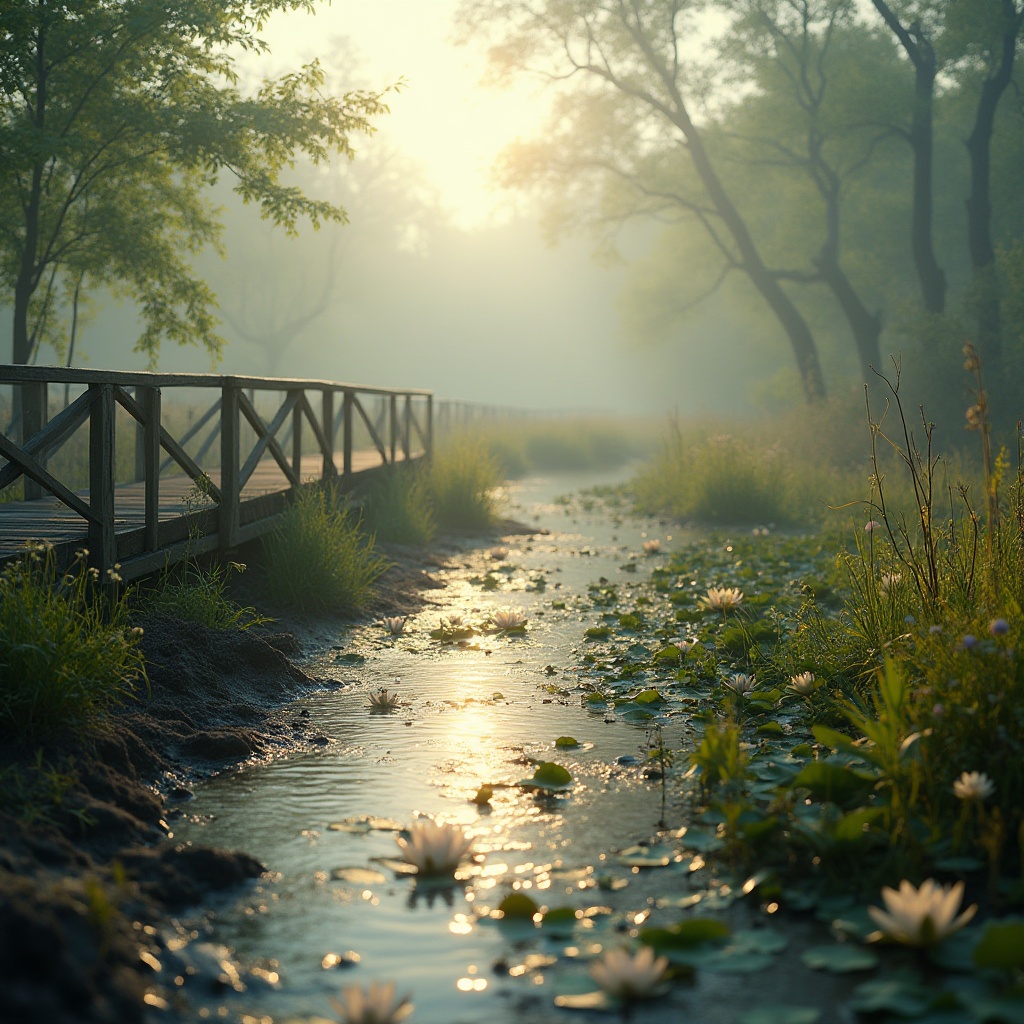 Prompt: Wetland scene, serene atmosphere, misty morning, naturalistic, ecological balance, water lilies, cattails, reeds, wildflowers, muddy shore, wooden boardwalk, rustic railings, gentle stream, slow-moving water, ripples, soft sunlight, warm ambient lighting, 3/4 composition, shallow depth of field, lush greenery, vibrant colors, tranquil ambiance.