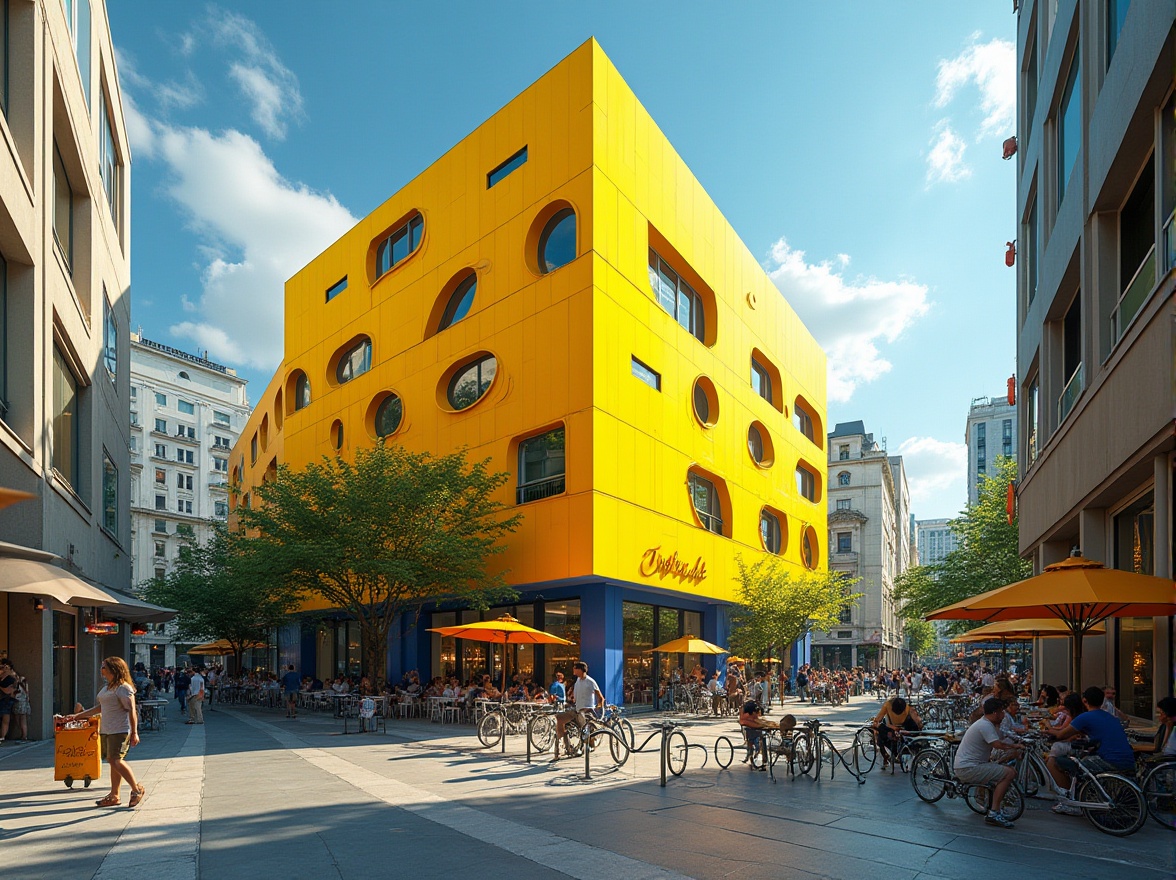 Prompt: Vibrant yellow building, modern architecture, urban cityscape, bright sunny day, warm atmosphere, pedestrian street, crowded city center, people walking, cafe tables, street lamps, bicycles parked, abstract sculptures, geometric shapes, bold typography, contrasting blue accents, dynamic composition, low-angle shot, shallow depth of field, urban jungle, metropolitan feel, HDR effect.