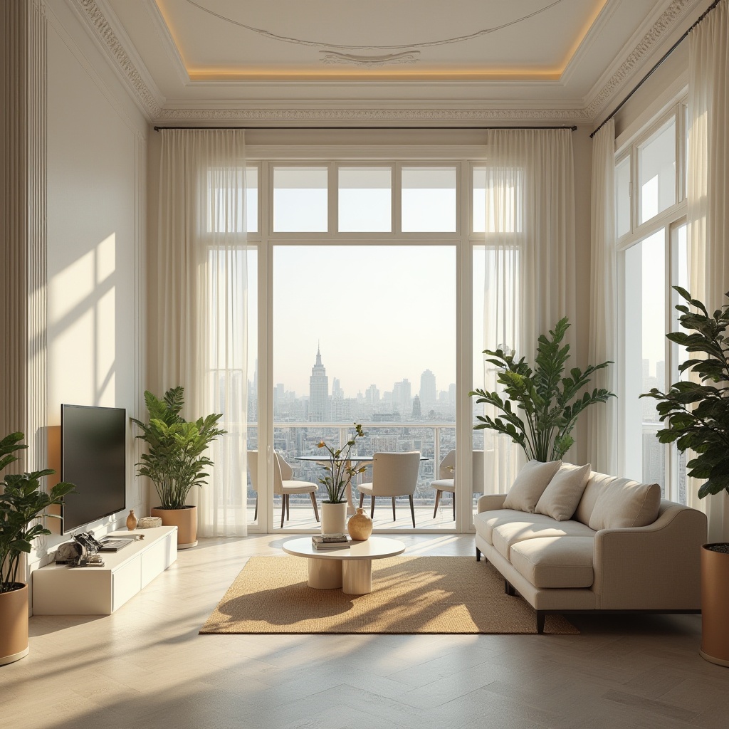 Prompt: Interior design, modern living room, white plaster walls, textured finish, smooth curves, ornate moldings, decorative ceiling, soft warm lighting, cozy atmosphere, comfortable couch, minimalist coffee table, potted green plants, large windows, city view, sunny afternoon, natural light, shallow depth of field, cinematic composition.