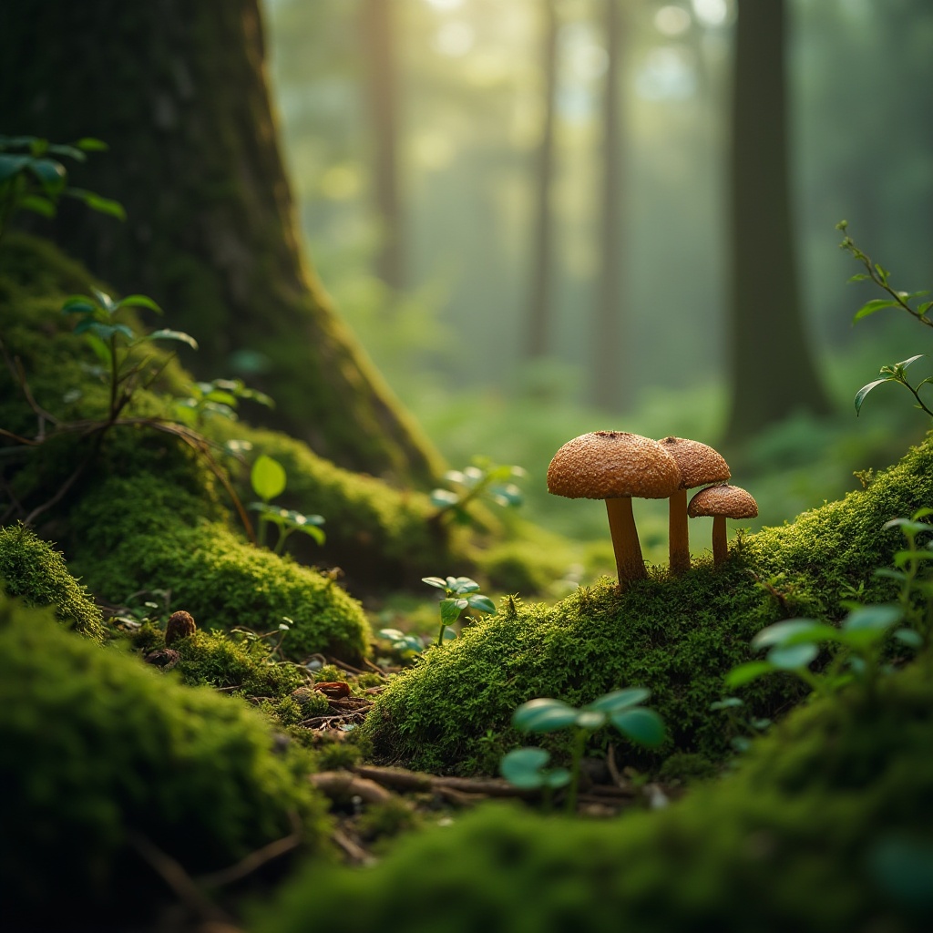 Prompt: Moss green, natural scenery, forest floor, dense foliage, ferns, vines, mushrooms, tree trunks, misty atmosphere, warm soft light, macro photography, shallow depth of field, vibrant color palette, earthy tone, organic texture, intricate details, whimsical composition, relaxed ambiance, peaceful mood.