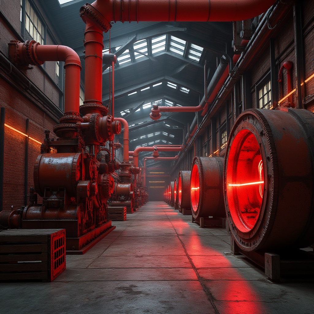 Prompt: industrial factory, vibrant red accents, metal beams, brick walls, concrete floors, large machinery, pipes, valves, steam punk elements, warm lighting, dramatic shadows, bold composition, low-angle shot, rusted metal textures, worn wooden crates, retro-futuristic atmosphere, mechanical details, dynamic pose, intense colors, cinematic mood.