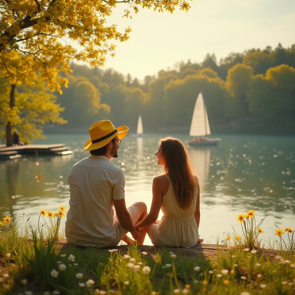 Prompt: Lakefront, sunny day, warm yellow tone, vibrant daffodils swaying near the shore, a few sailboats docked, calm water reflecting the surrounding trees, wooden pier jutting out into the lake, couple sitting at the edge holding hands, smiling, wearing casual summer clothes, bright yellow hat, sunglasses, gentle breeze rustling their hair, scenic panoramic view, 3/4 composition, soft warm lighting, serene atmosphere.