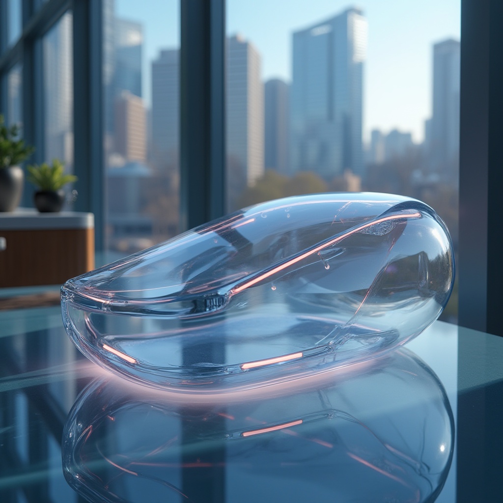 Prompt: Modern product design, plastic material, sleek lines, minimalist aesthetic, transparent glass-like surface, metallic accents, LED light strips, futuristic vibe, urban setting, cityscape background, close-up shot, 3/4 composition, softbox lighting, shallow depth of field, high-gloss finish, vibrant colors, ergonomic shape, smooth curves.