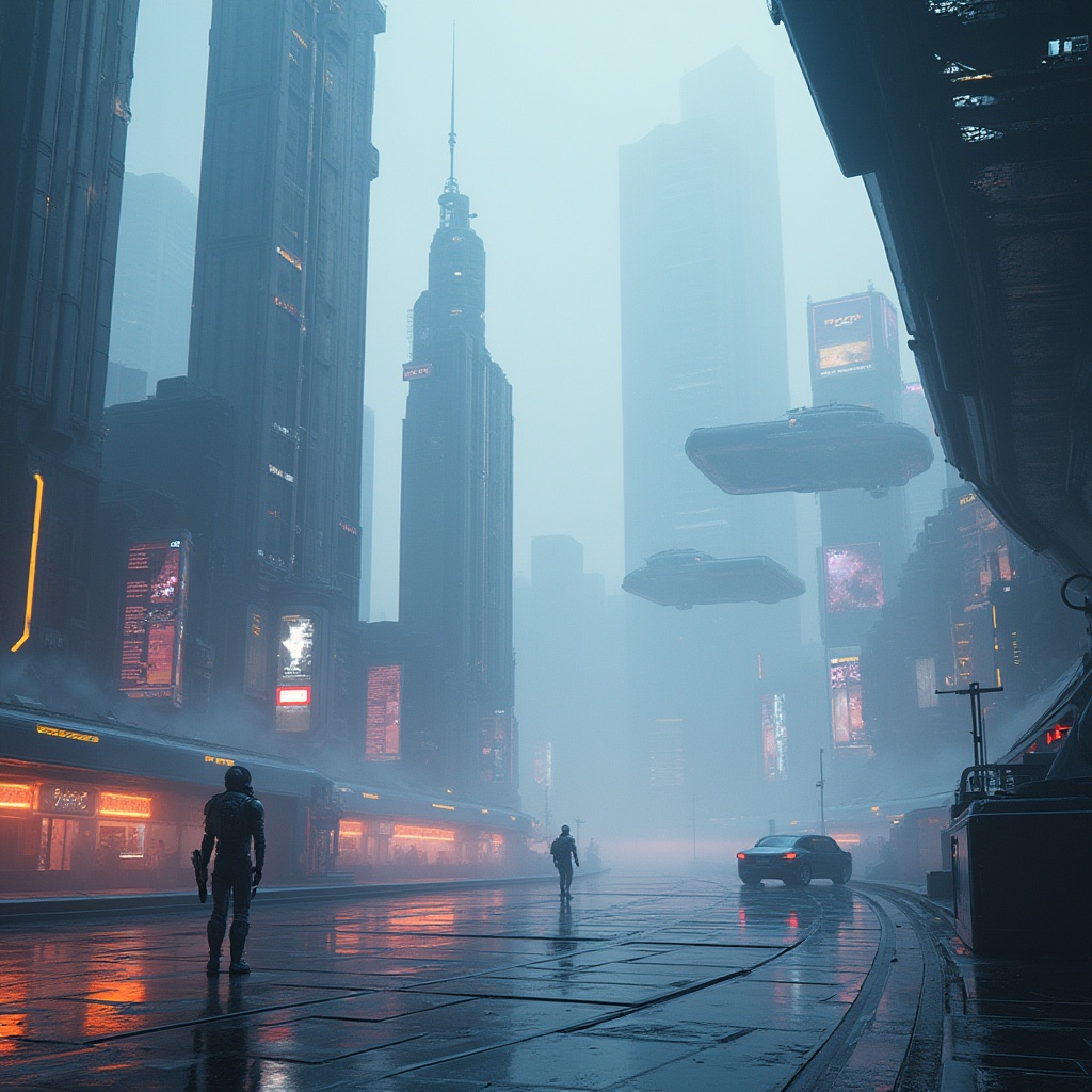 Prompt: Futuristic plateau environment, high-tech style, sleek metallic structures, neon lights illuminating the ground, towering skyscrapers in the distance, vast open spaces, holographic advertisements floating mid-air, levitating transportation pods, sleek robots patrolling the area, misty fog rolling in from the edges, atmospheric perspective, cinematic composition, 3/4 view angle, soft futuristic ambient lighting, high contrast, vibrant colors.