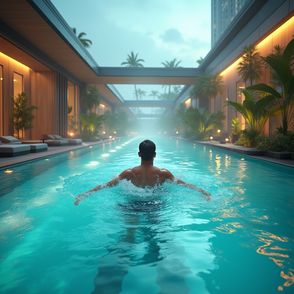 Prompt: Modern swimming pool, metabolic style, futuristic architecture, sleek lines, minimalist design, LED lights, turquoise water, steam rising, misty atmosphere, tropical plants, palm trees, sun loungers, swimmer doing laps, athletic physique, sweat dripping, muscles flexing, splash effects, ripples on the water surface, 3/4 composition, low-angle shot, warm lighting, shallow depth of field.