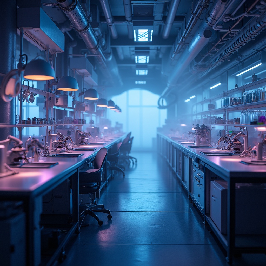 Prompt: Laboratory constructivism style, futuristic laboratory interior, sleek metal tables, glass containers, microscopes, test tubes, futuristic machinery, wires, circuit boards, neon lights, blue and purple hues, minimalist decor, industrial chic, atmospheric mist, subtle steam, mysterious ambiance, 3/4 composition, shallow depth of field, dramatic lighting, cinematic mood, avant-garde, sci-fi feel.