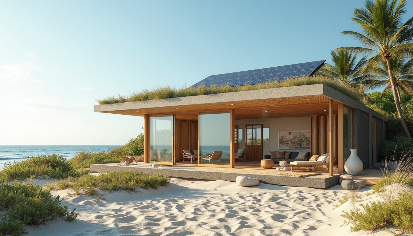 Prompt: Eco-friendly beach villa, modern minimalist style, large windows, sliding glass doors, solar panels on roof, green roof with succulents, recycled wood accents, natural fiber textiles, bamboo furniture, energy-efficient appliances, LED lighting, minimalist decor, ocean views, beachside location, sandy dunes, sea oats, driftwood, clear blue sky, sunny day, gentle breeze, shallow depth of field, warm ambient light, 3/4 composition.