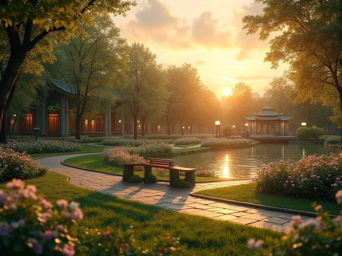 Prompt: Harmonious park environment, sunset time, warm golden light, lush green grass, vibrant blooming flowers, tranquil ponds, gentle water features, winding stone pathways, natural wooden benches, concert houses, elegant facades, grand entrance gates, ornate iron railings, soft lantern lighting, peaceful atmosphere, serene landscaping, subtle mist effect, warm ambient color palette, cinematic composition, slight overcast, subtle cloud texture.