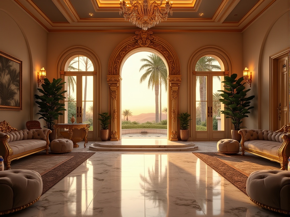 Prompt: Luxurious modern villa, golden accents, ornate entrance door, intricate carvings, grand staircase, marble floors, high ceilings, large windows, warm lighting, sunset glow, Mediterranean style, palm trees, exotic plants, elegant furniture, velvet sofas, golden frames, lavish decorations, regal atmosphere, 3/4 composition, soft focus, cinematic lighting.