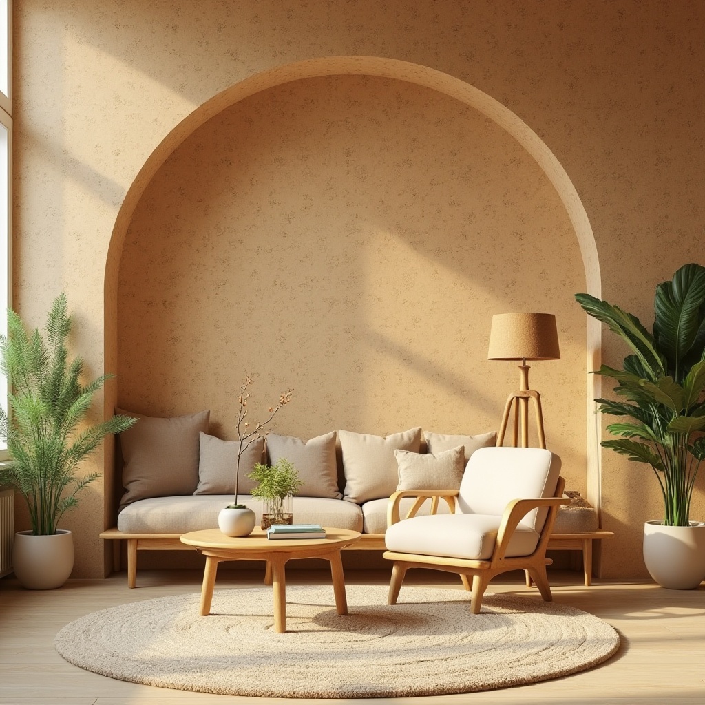 Prompt: Cork material, sustainable design, eco-friendly, textured surface, warm beige color, organic shape, natural pattern, modern interior, Scandinavian style, minimalist decor, living room, floor lamp, wooden coffee table, potted plants, natural light, soft shadows, 3/4 composition, warm ambient lighting.