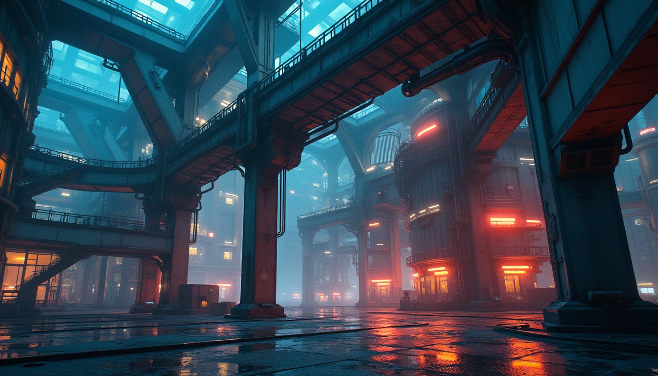 Prompt: Modern energy plant, structuralism style, futuristic architecture, angular metallic frames, exposed pipes, industrial atmosphere, dramatic lighting, high ceilings, large windows, urban landscape, cityscape background, night scene, neon lights, misty ambiance, 3/4 composition, cinematic mood, symmetrical structure, reflective surfaces, bold color scheme, abstract shapes, geometric patterns, innovative design.