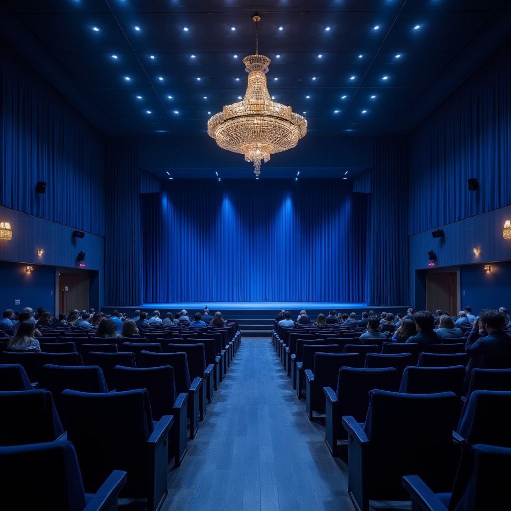 Prompt: Modern auditorium, incorporating blue color scheme, high ceiling, grand chandelier, rows of seats, dark blue velvet curtains, spotlight on stage, wooden flooring, blue tone walls, subtle gradient effect, soft ambient lighting, 3/4 composition, panoramic view, depth of field, cinematic atmosphere, evening time, people sitting quietly, waiting for performance to start.