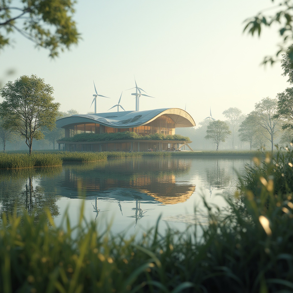 Prompt: Wetland constructivism project, successful case study, modern architecture, futuristic design, sustainable building, eco-friendly materials, solar panels, wind turbines, green roofs, mangrove forest, serene waterbody, reflection of trees, calm atmosphere, misty morning, warm lighting, shallow depth of field, natural color palette, symmetrical composition, 3/4 view, panoramic shot, cinematic mood.