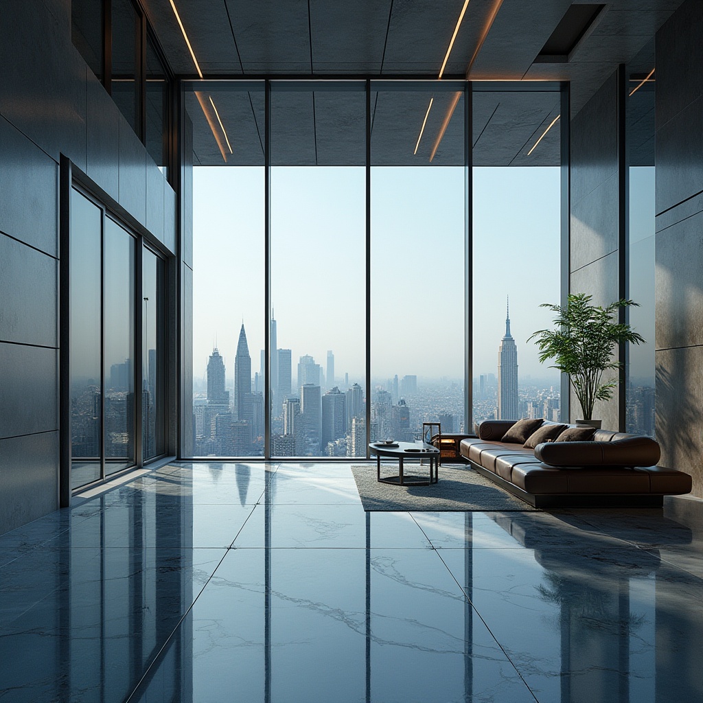 Prompt: Modern building, glass material, sleek lines, minimalist style, reflective surface, transparent walls, steel frames, urban landscape, cityscape, skyscraper background, panoramic view, high-angle shot, dramatic lighting, futuristic ambiance, luxurious interior, marble floor, leather sofa, ambient occlusion, realistic rendering.