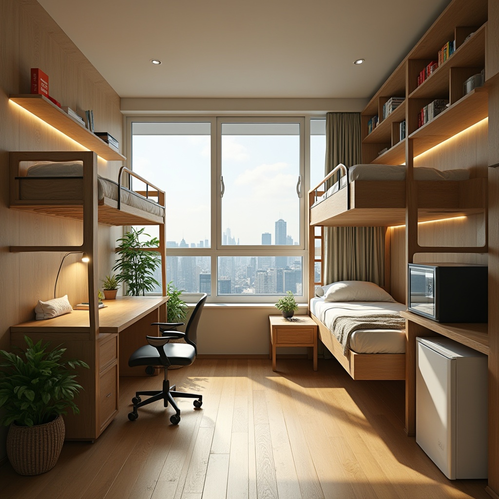 Prompt: Modern dormitory room, small space, functional design, bunk bed with storage, wooden desk, ergonomic chair, green plants, natural light, large window, city view, skyscraper outside, 3/4 composition, softbox lighting, cozy atmosphere, warm beige walls, minimalist decor, compact refrigerator, microwave oven, wooden floor, simple bedding, personalized decorations.