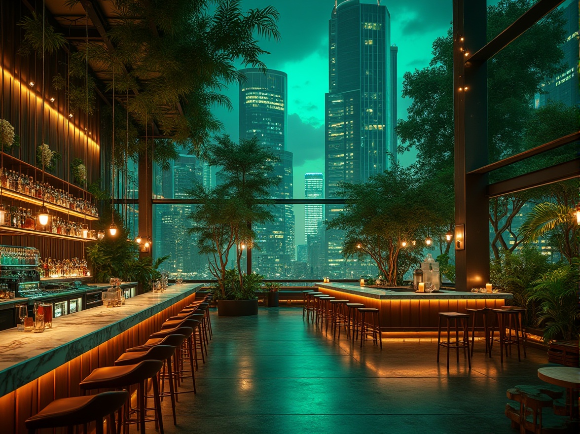 Prompt: Trendy urban bar, green architecture, modern skyscraper, rooftop garden, lush greenery, vibrant neon lights, sleek metallic accents, floor-to-ceiling windows, panoramic city view, bustling nightlife atmosphere, 3/4 composition, low-angle shot, dramatic lighting, moody shadows, luxurious interior design, marble countertops, wooden furniture, glass tables, futuristic stools, DJ booth, cocktail bar, urban jungle vibe, night scene, warm ambient lighting.