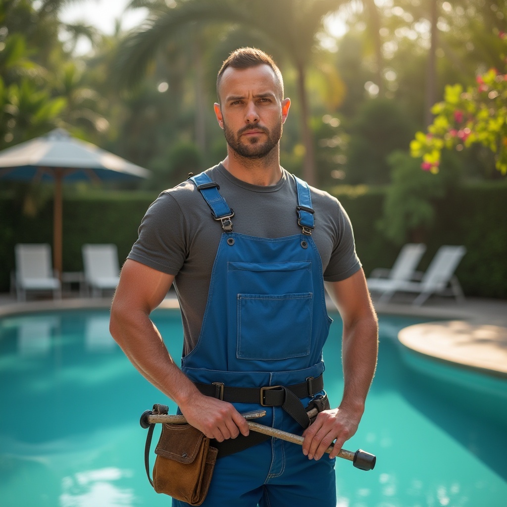 Prompt: Maintenance staff, male, 30s, muscular build, blue overall, tool belt, serious expression, holding a pool skimmer, standing near the poolside, Chukum Pool, sunny day, clear blue water, surrounding lush greenery, few lounge chairs, umbrellas, tropical flowers, 3/4 composition, shallow depth of field, warm ambient light, soft focus on background.