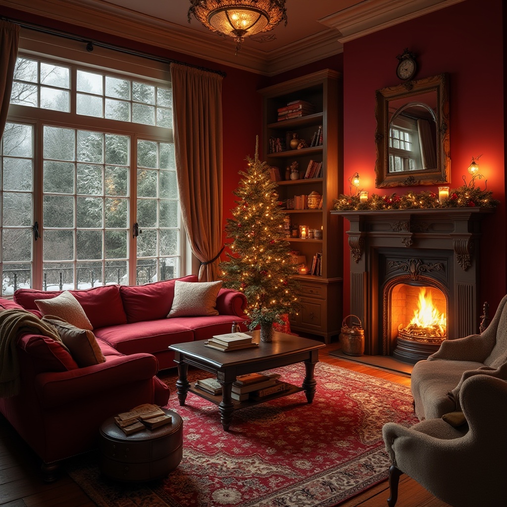 Prompt: Cozy living room, burgundy walls, warm atmosphere, soft golden lighting, plush velvet sofa, dark wood coffee table, richly patterned burgundy carpet, floor-to-ceiling windows, snowflakes gently falling outside, frosted glass, Christmas decorations, candles, fireplace crackling, warm beige throw blankets, comfortable reading nook, vintage armchair, rustic wooden shelves, antique clock, warm beige curtains, soft music playing in the background, 3/4 composition, shallow depth of field, cinematic ambiance.