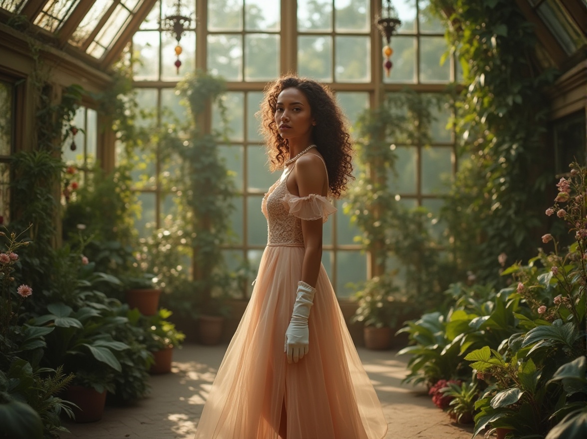 Prompt: Elegant lady, neoclassical style, solo, (25yo), curly brown hair, soft makeup, pearl necklace, white gloves, flowing chiffon dress, lace details, high heels, standing, greenhouse, lush greenery, vines crawling up walls, exotic flowers, Victorian-era architecture, intricate iron framework, stained glass ceiling, natural light pouring in, warm ambiance, 3/4 composition, soft focus, cinematic lighting, warm color tone.