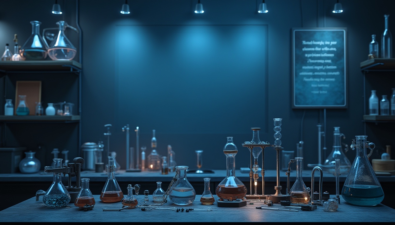 Prompt: Dark Prussian blue, laboratory background, modern equipment, beakers, test tubes, innovative machinery, metallic sheen, glossy finish, sci-fi ambiance, futuristic atmosphere, softbox lighting, high-key composition, shallow depth of field, inspirational quotes, motivational posters, wooden shelves, glass containers, mysterious liquids, steampunk elements, industrial textures.