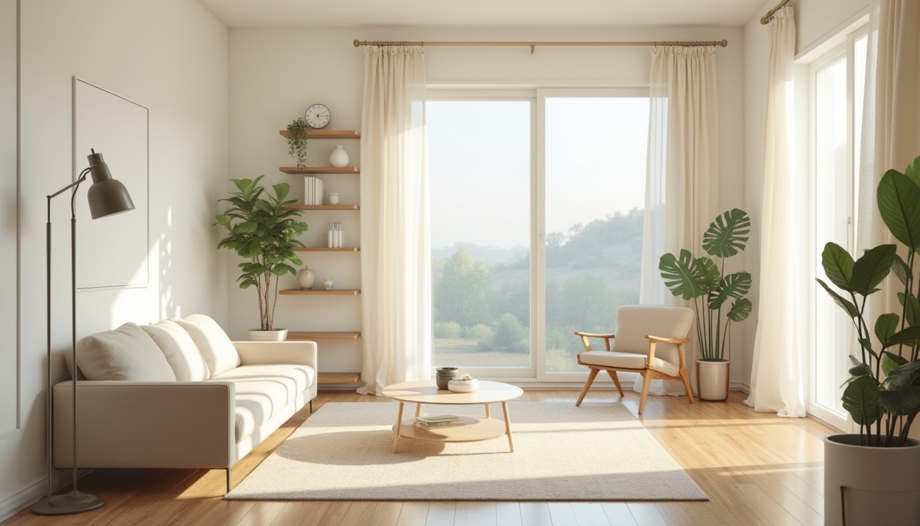 Prompt: Minimalist suburban home interior, natural light pouring in through floor-to-ceiling windows, white walls, polished wooden floors, simple beige couch, low-profile coffee table, green potted plants on shelves, industrial-style metal lamps, soft cream-colored curtains, Scandinavian-inspired wooden chairs, empty space, calm atmosphere, morning sunlight, 3/4 composition, soft focus, warm tone.