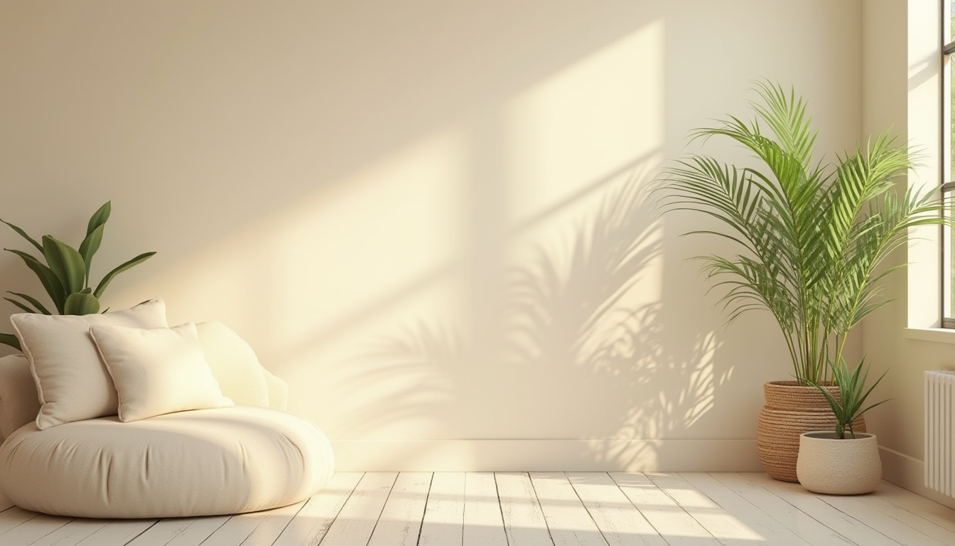 Prompt: Cream color, soothing environment, interior design, calm atmosphere, minimalist style, soft furnishings, comfortable sofa, gentle curves, pastel shade, natural light, large windows, greenery, potted plants, subtle texture, warm tone, cozy ambiance, 3/4 composition, soft focus, warm lighting, relaxed mood.