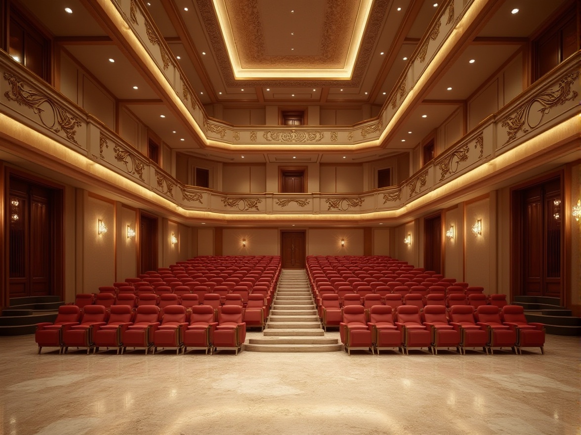 Prompt: Granite auditorium interior, luxurious seating area, grand staircase, polished granite floor, intricate patterns on walls, modern chandeliers, spotlights on ceiling, elegant curves, sleek lines, minimalist decor, warm beige tone, rich brown wood accents, plush red velvet chairs, golden metal handrails, dramatic high ceilings, majestic columns, softbox lighting, cinematic composition, wide-angle shot, low-angle view, symmetrical framing.