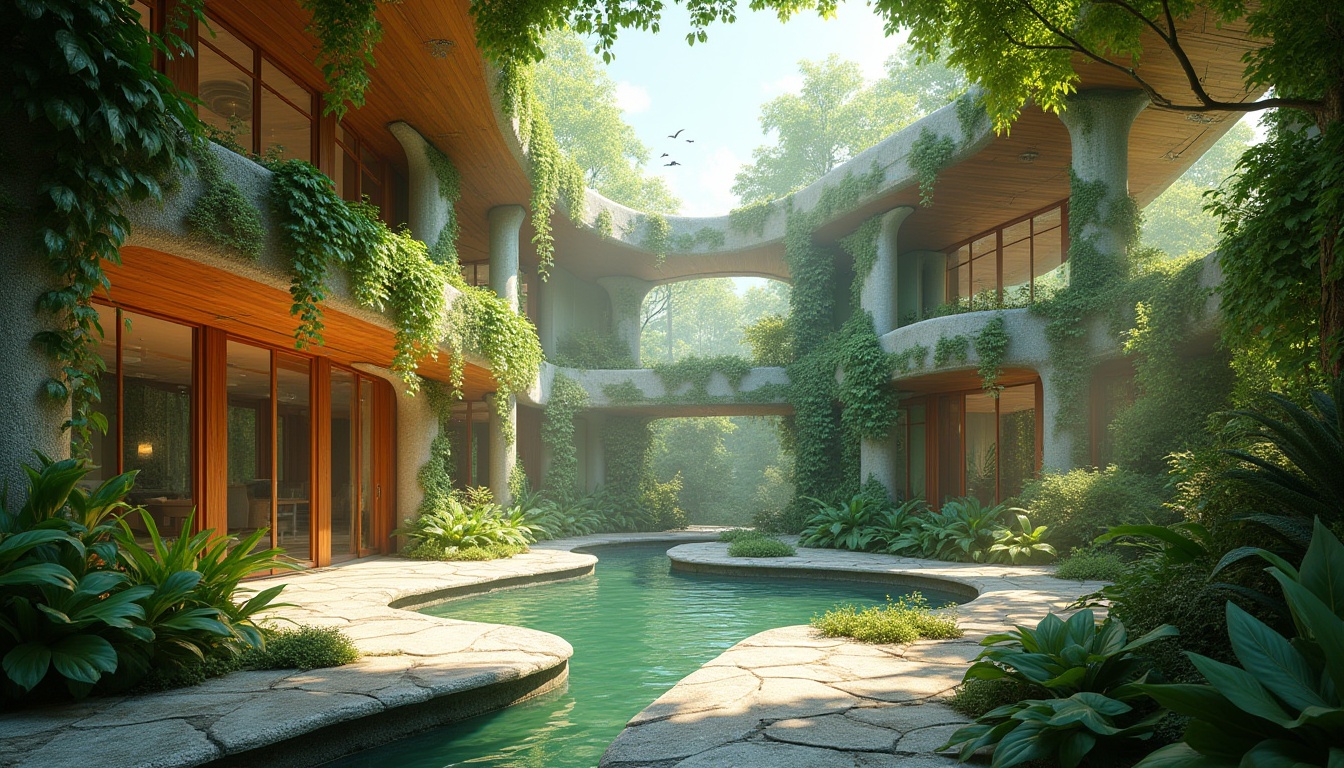 Prompt: Integrating Nature with Architecture, futuristic building, green walls, vines climbing up, glass ceiling, natural light pouring in, water feature, indoor garden, wooden accents, stone floors, curved lines, harmony with nature, peaceful atmosphere, modern design, sustainable materials, lush vegetation, birds flying overhead, sunlight filtering through leaves, warm colors, inviting space, panoramic view, 3/4 composition, soft lighting.