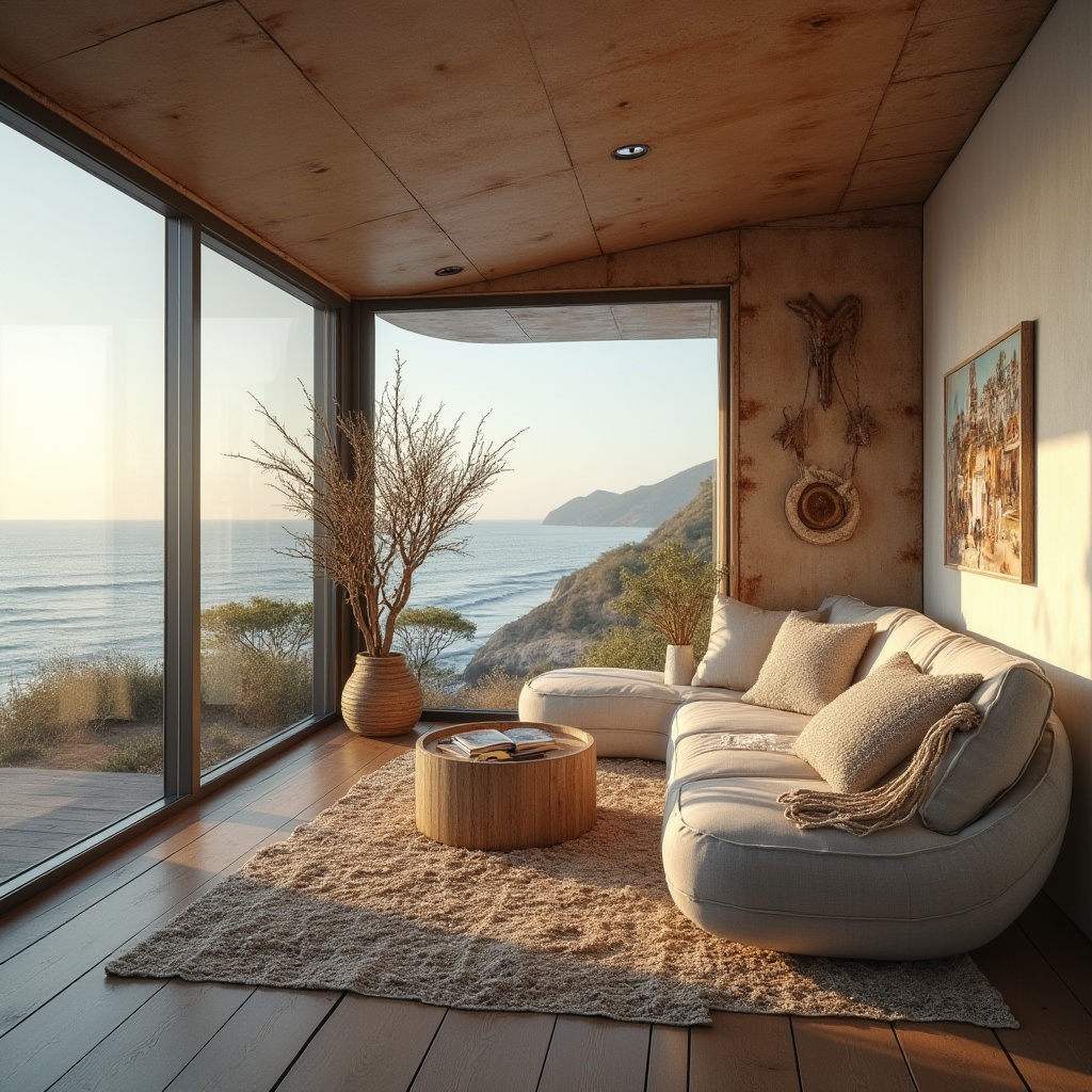 Prompt: Beachside modern villa, innovative galvanized steel architecture, sleek curves, rusty patina, ocean view, large windows, minimalist interior, wooden floors, white walls, cozy reading nook, comfortable couch, beach-themed decorative items, seashells, driftwood, nautical ropes, sunset warm lighting, 3/4 composition, shallow depth of field, soft focus on the villa, blurred ocean background, natural textures, weathered wood accents.