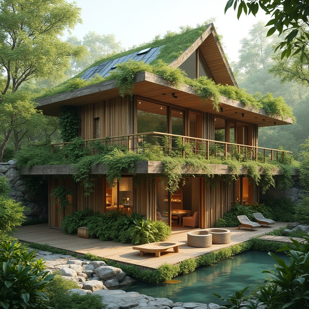 Prompt: Eco-friendly building, modern organic architecture, green roof, solar panels, recycled materials, wooden structure, living walls, vines crawling up the facade, natural stone foundation, floor-to-ceiling windows, minimal waste design, energy-efficient systems, bamboo furniture, indoor plants, natural ventilation, earthy color palette, serene atmosphere, warm lighting, 3/4 composition, soft focus.