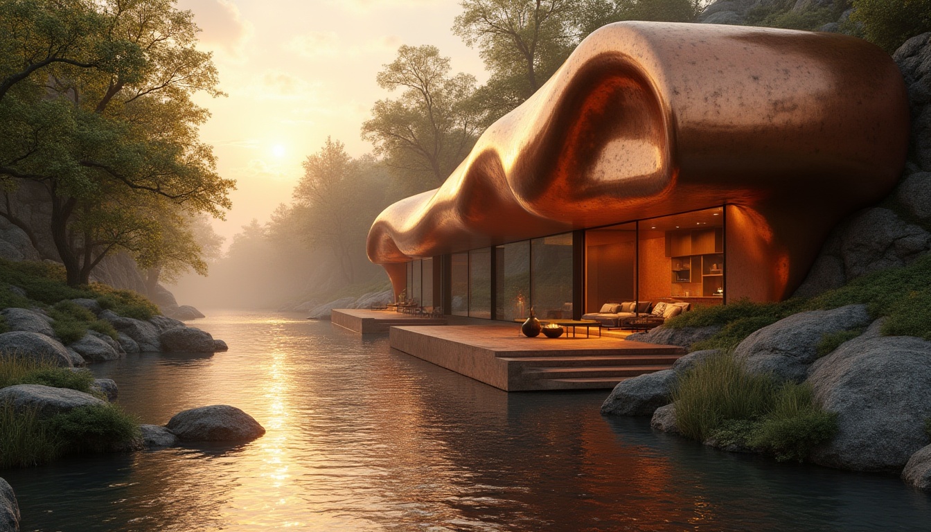 Prompt: Copper material, riverbank design, modern architecture, natural scenery, rusty copper tone, metallic sheen, smooth texture, reflective surface, wavy lines, abstract composition, 3/4 view, warm sunset light, dramatic shadows, misty atmosphere, lush greenery, riverbank vegetation, serene ambiance, peaceful mood.