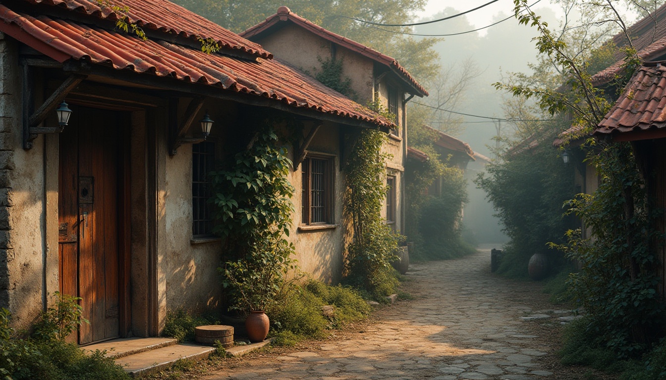 Prompt: Rural village, corrugated iron roof, rusty red color, worn-out texture, wooden door, stone walls, traditional windows, climbing plants, overgrown gardens, old lanterns, misty morning, warm lighting, soft focus, shallow depth of field, natural composition, rustic atmosphere.