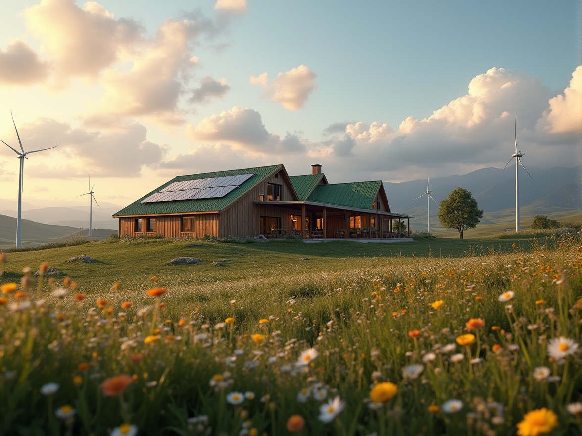 Prompt: Rural landscape, innovative design, modern farmhouse, wooden accents, green roof, solar panels, wind turbines, eco-friendly materials, natural textures, blooming wildflowers, rolling hills, serene atmosphere, warm lighting, dramatic clouds, cinematic composition, 3/4 view, soft focus, shallow depth of field.