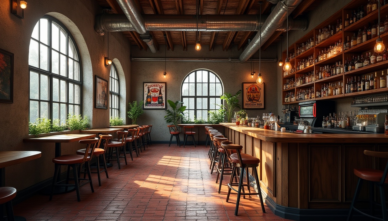 Prompt: Modern pub, industrial style, exposed ceiling, plastered concrete walls, rustic wooden beams, metal pipes, dim warm lighting, cozy atmosphere, wooden bar counter, stools, wine shelves, brick red floor tiles, vintage beer posters, greenery on the windowsill, afternoon sunlight, shallow depth of field, realistic texture, cinematic composition.