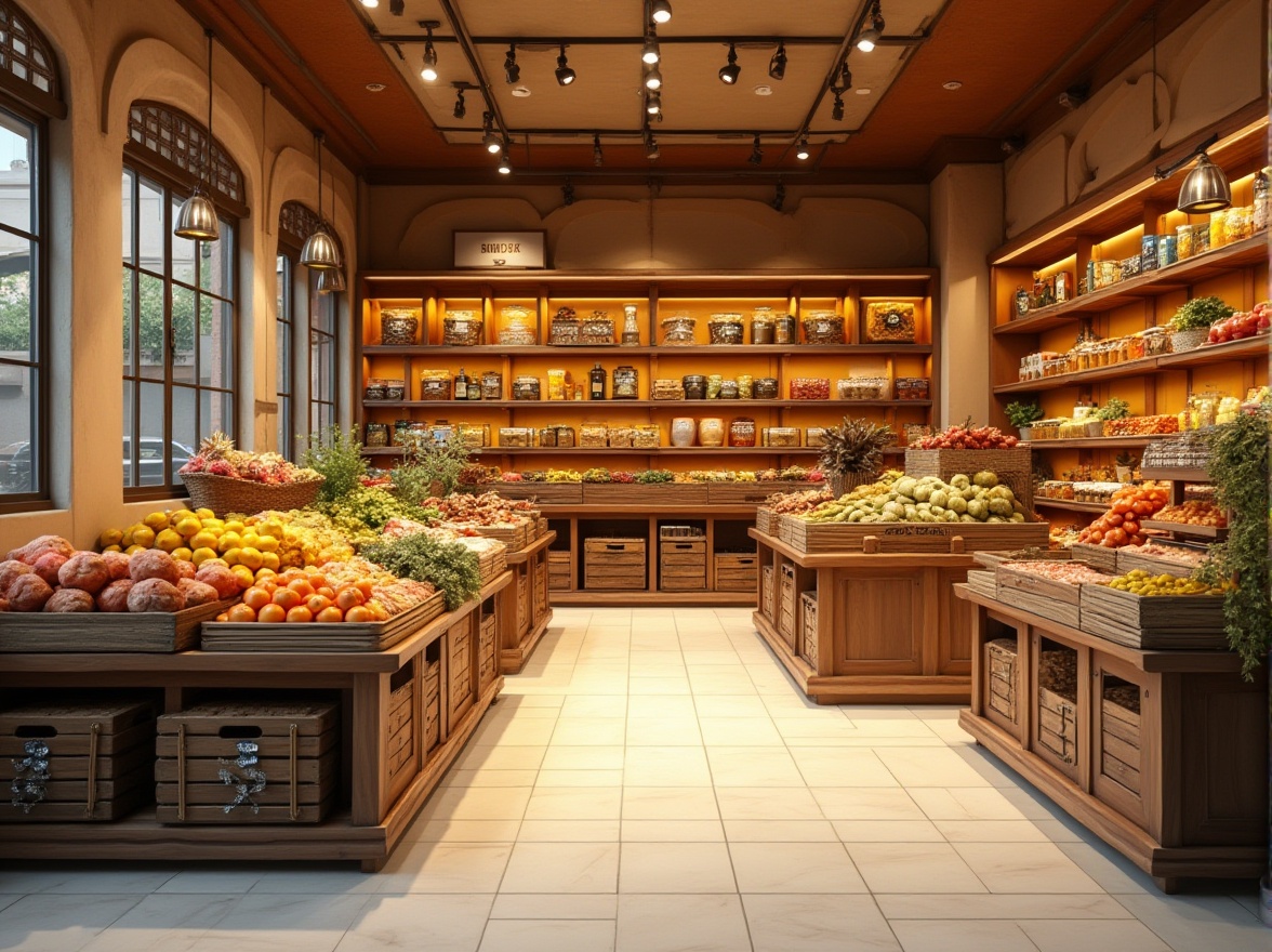 Prompt: Warm beige walls, dark chocolate brown shelves, creamy white floors, rich cocoa-colored storage crates, golden yellow highlights on packaging, soft warm lighting, cozy atmosphere, bustling grocery store, afternoon time, natural food display, fresh produce stands, woven baskets, wooden accents, earthy tones, inviting composition.