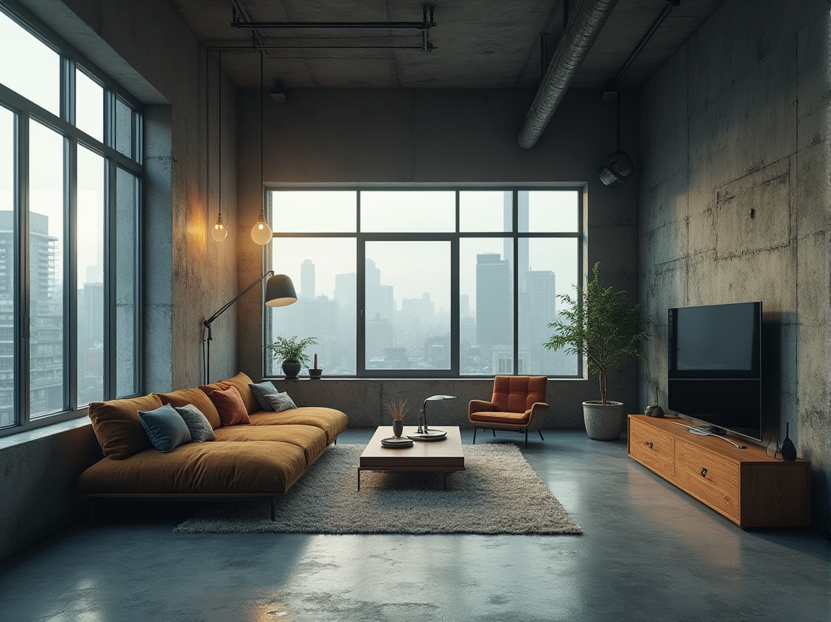 Prompt: Urban apartment, brutalist architecture, concrete walls, industrial metal pipes, minimalist decor, functional furniture, cold tone color palette, geometric shapes, angular lines, urban jungle view, cityscape background, misty morning light, cinematic composition, low-angle shot, 3/4 perspective, realistic textures, detailed architectural elements.